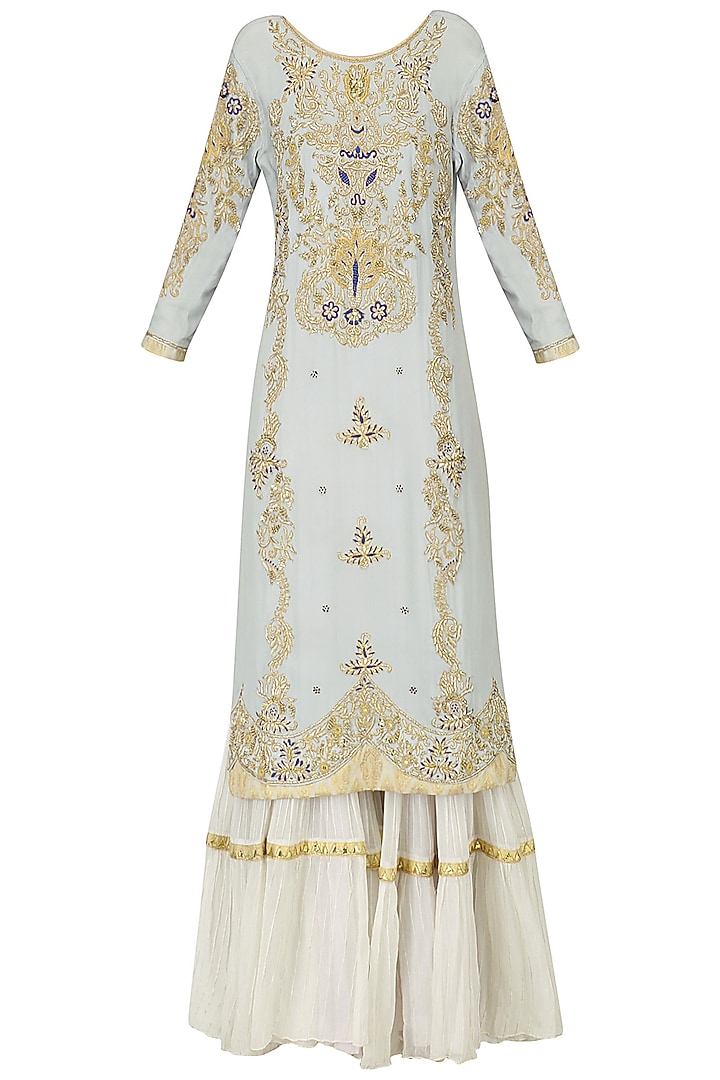 Powder blue embroidered kurta with tiered sharara pants set available only at Pernia's Pop Up Shop.