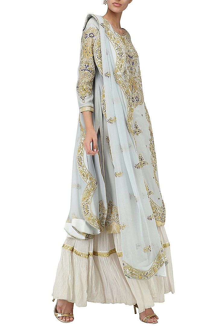 Powder blue embroidered kurta with tiered sharara pants set available only at Pernia's Pop Up Shop.