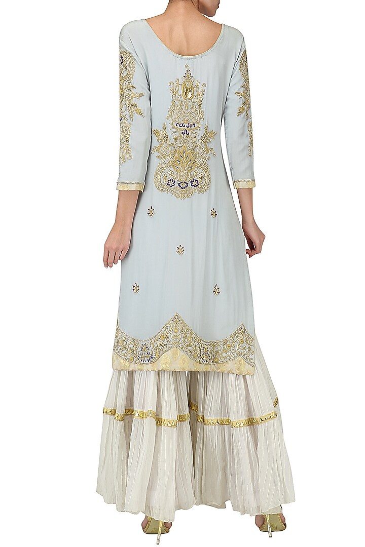 Powder blue embroidered kurta with tiered sharara pants set available only at Pernia's Pop Up Shop.