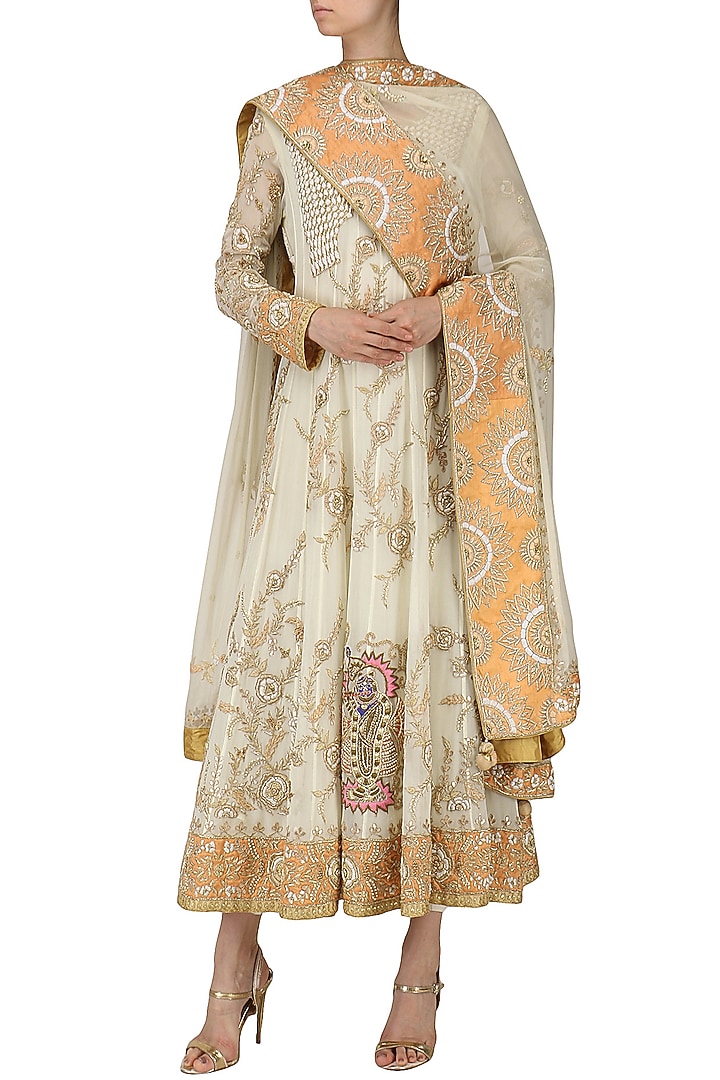 Off white and peach embroidered anarkali gown available only at Pernia's Pop Up Shop.