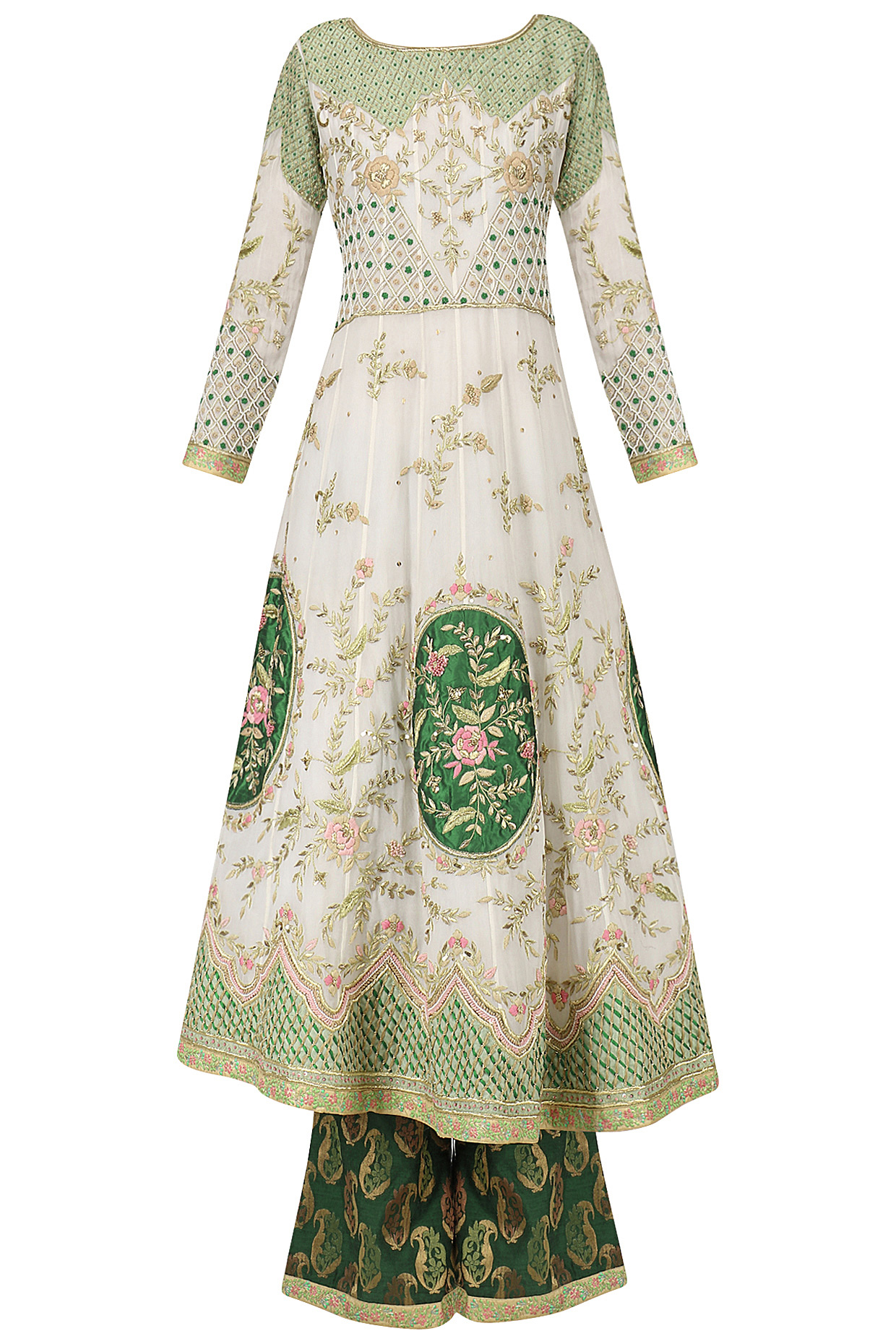 Daisy white embroidered anarkali with emerald grren palazzo pants available only at Pernia's Pop Up Shop.