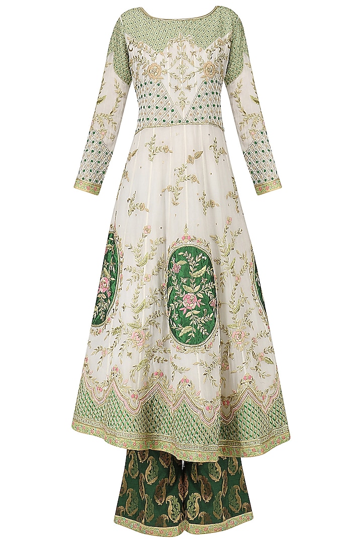 Daisy White Embroidered Anarkali with Emerald Grren Palazzo Pants by Bodhitree Jaipur