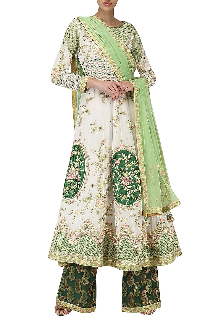 Daisy white embroidered anarkali with emerald grren palazzo pants available only at Pernia's Pop Up Shop.