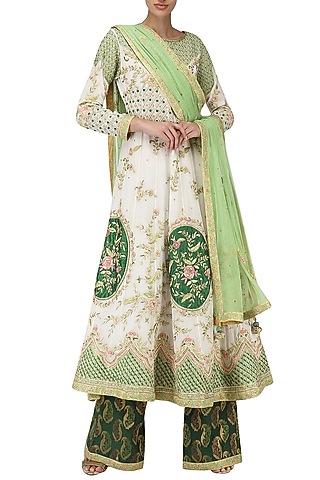 Daisy White Embroidered Anarkali with Emerald Grren Palazzo Pants by Bodhitree Jaipur