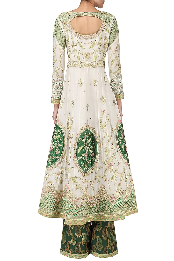 Daisy white embroidered anarkali with emerald grren palazzo pants available only at Pernia's Pop Up Shop.