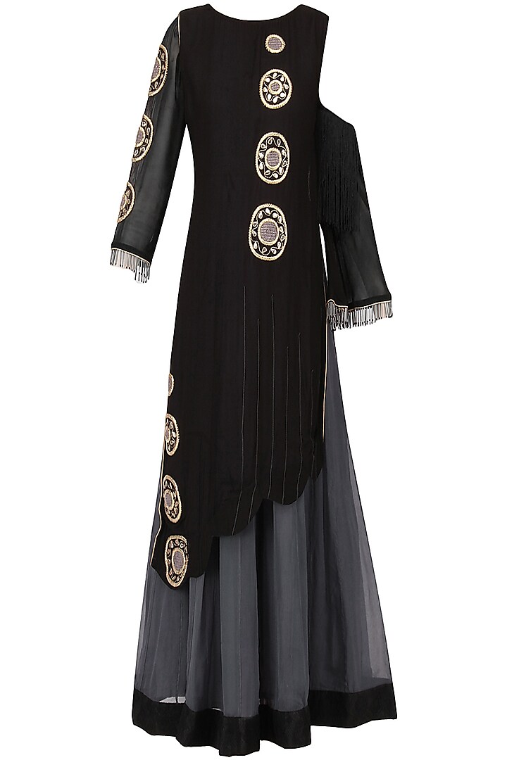 Black and Grey Embroidered Asymmetrical Anarkali Set by Bodhitree Jaipur