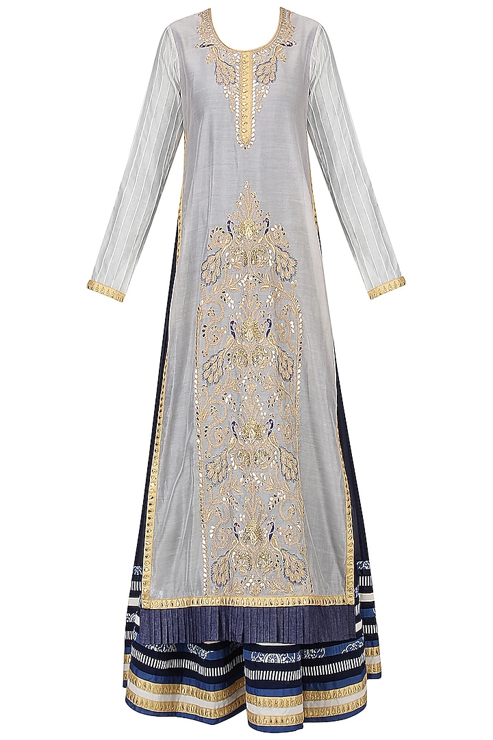 Off White and Navy Blue Embroidered Kurta Set by Bodhitree Jaipur
