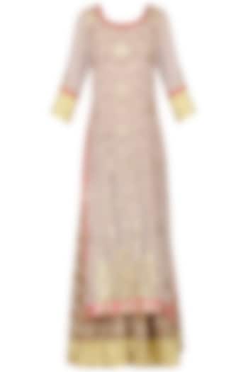 Powder pink and beige embroidered kurta set available only at Pernia's Pop Up Shop.