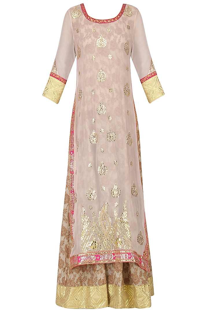 Powder pink and beige embroidered kurta set available only at Pernia's Pop Up Shop.