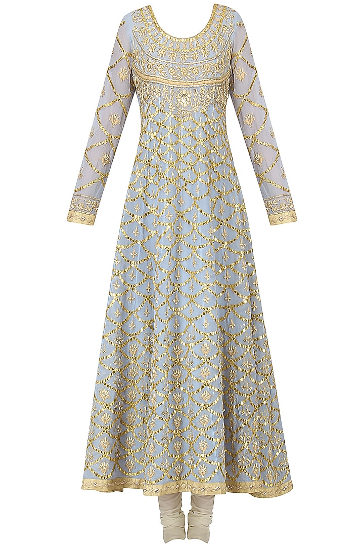 Powder blue embroidered anarkali set available only at Pernia's Pop Up Shop.