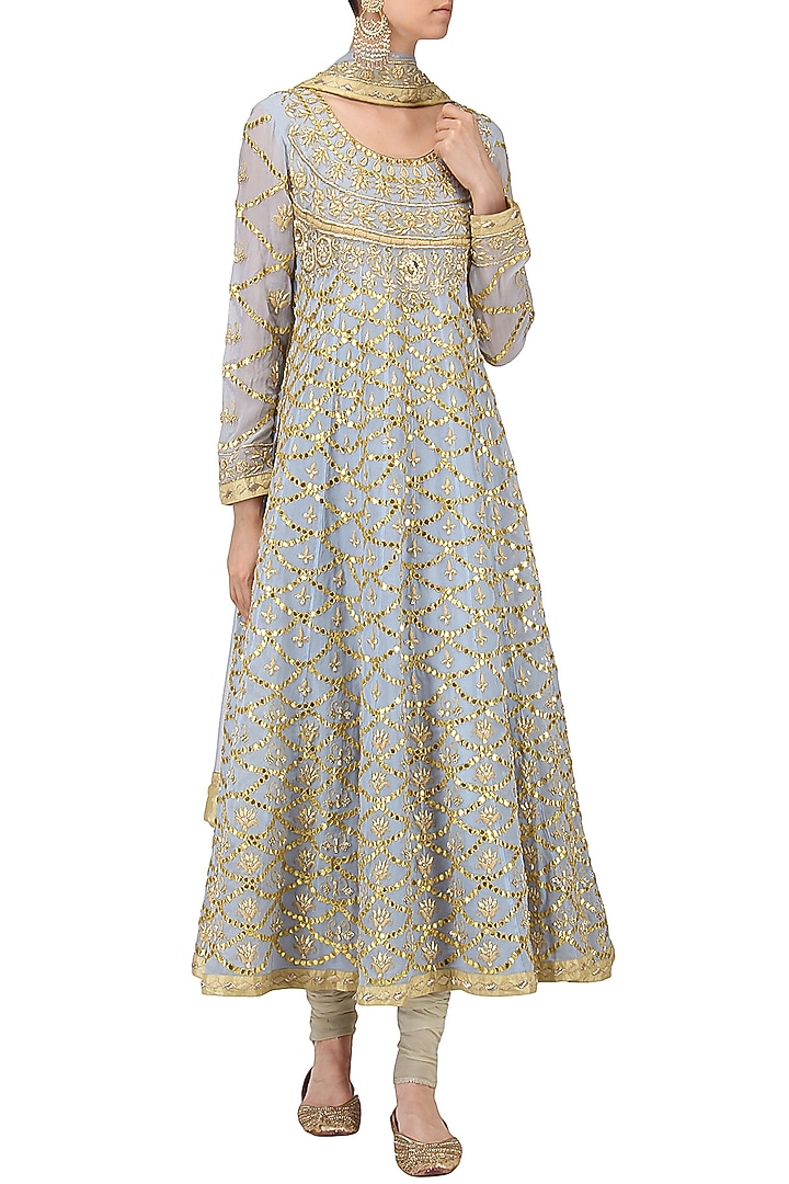 Powder blue embroidered anarkali set available only at Pernia's Pop Up Shop.