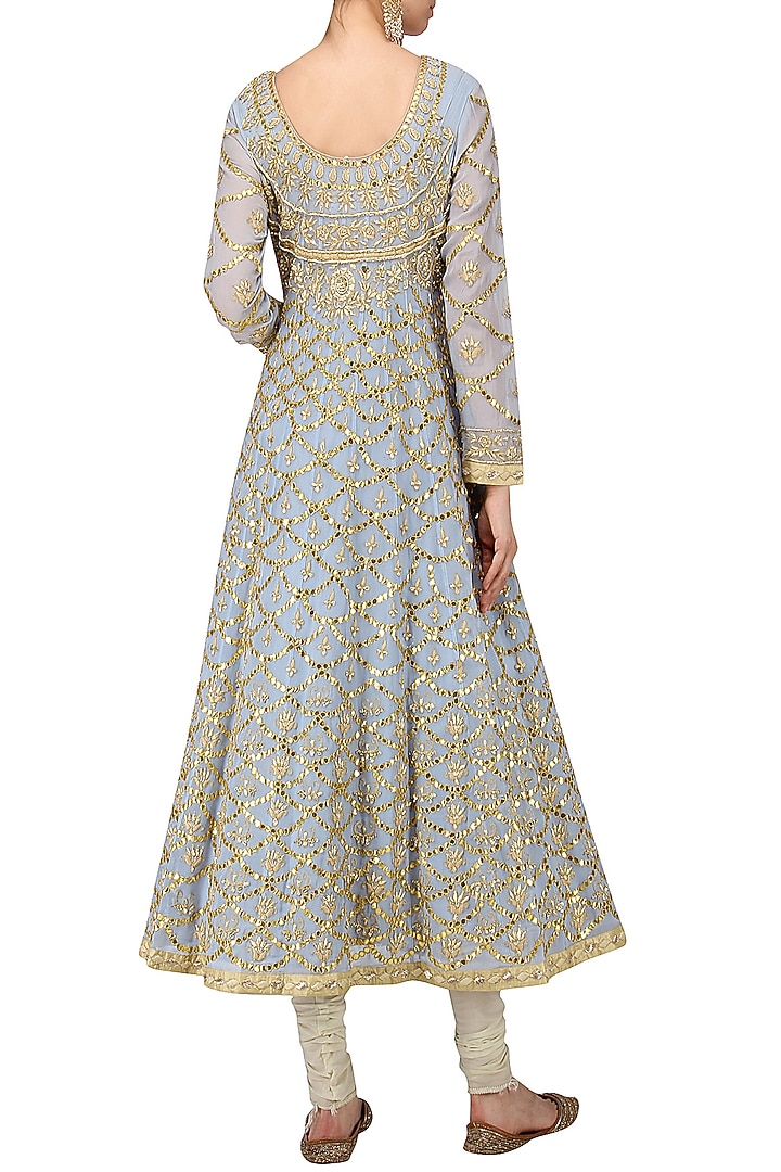 Powder blue embroidered anarkali set available only at Pernia's Pop Up Shop.