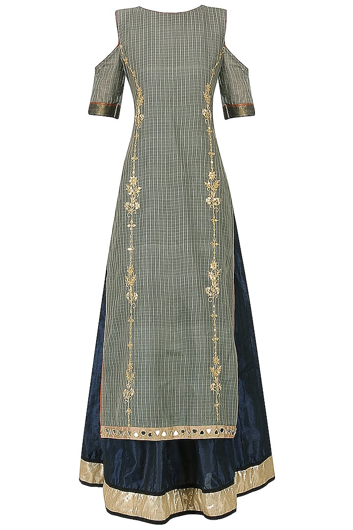 Grey and Navy Blue Embroidered Cold Shoulder Kurta by Bodhitree Jaipur