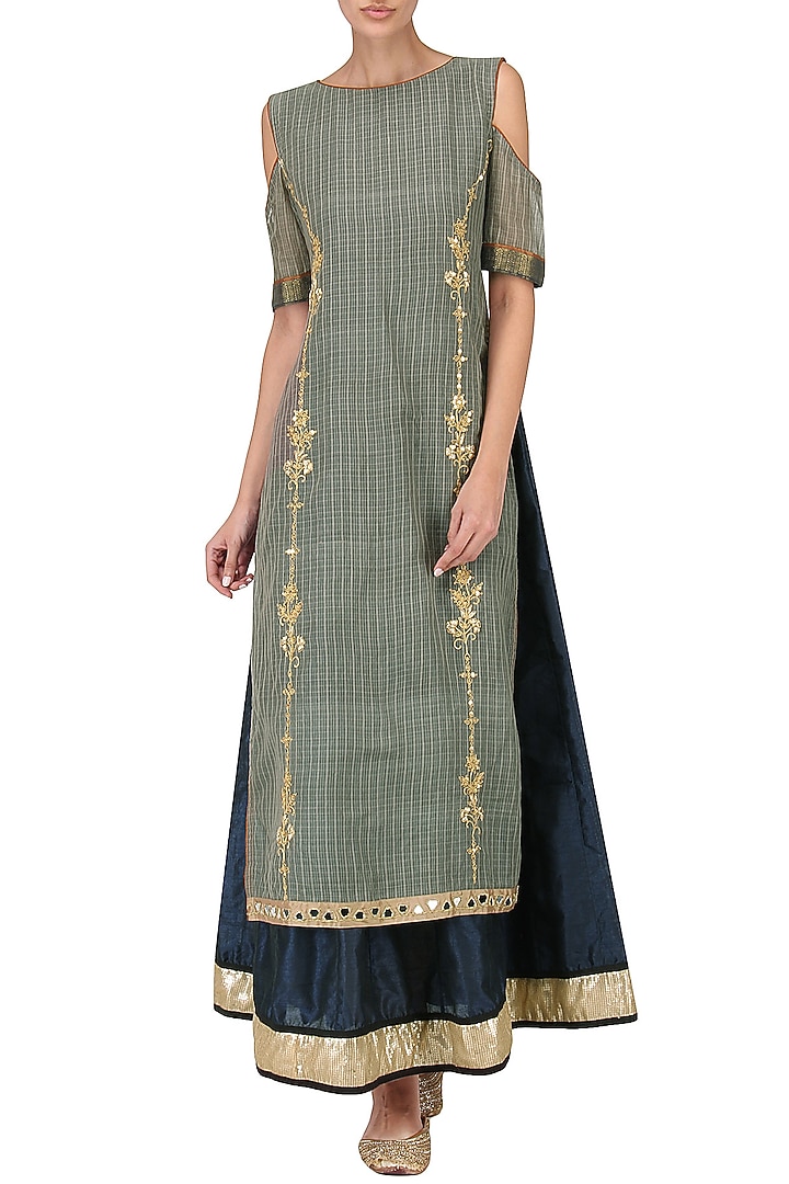 Grey and navy blue embroidered cold shoulder kurta available only at Pernia's Pop Up Shop.