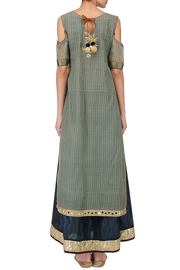 Grey and navy blue embroidered cold shoulder kurta available only at Pernia's Pop Up Shop.