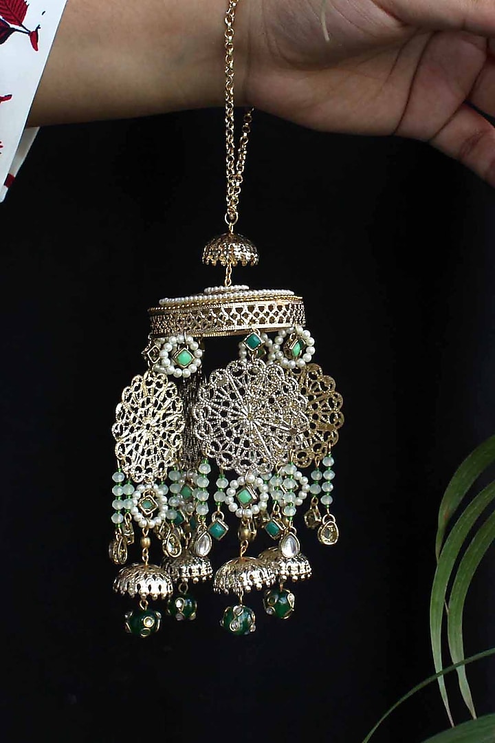 Gold Finish Green Ombre Beaded Kaleeras (Set of 2) by Beabhika at Pernia's Pop Up Shop