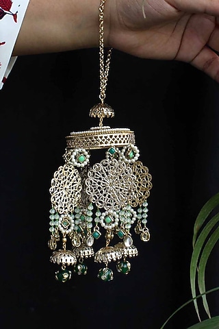Gold Finish Green Ombre Beaded Kaleeras (Set of 2) by Beabhika
