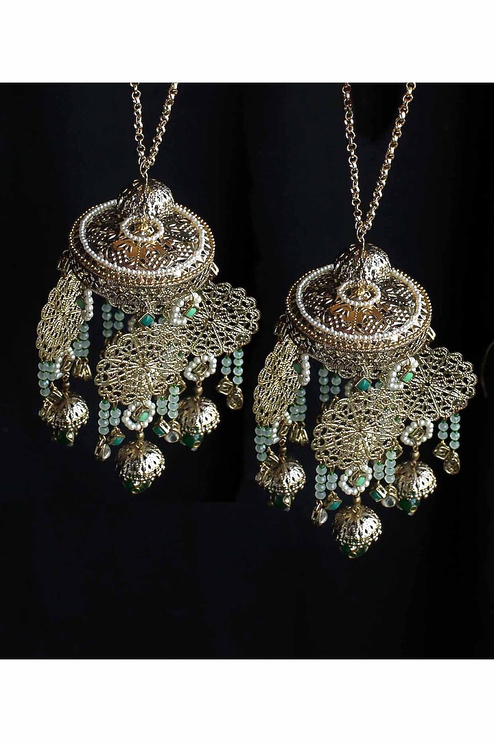Gold Finish Green Ombre Beaded Kaleeras (Set of 2) by Beabhika at Pernia's Pop Up Shop