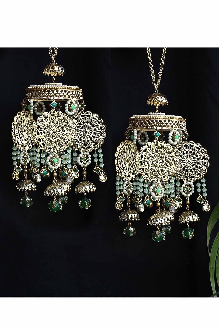 Gold Finish Green Ombre Beaded Kaleeras (Set of 2) by Beabhika at Pernia's Pop Up Shop