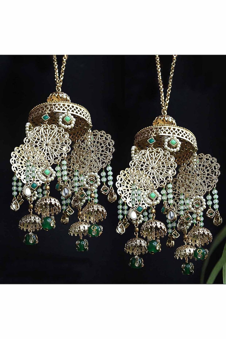 Gold Finish Green Ombre Beaded Kaleeras (Set of 2) by Beabhika at Pernia's Pop Up Shop