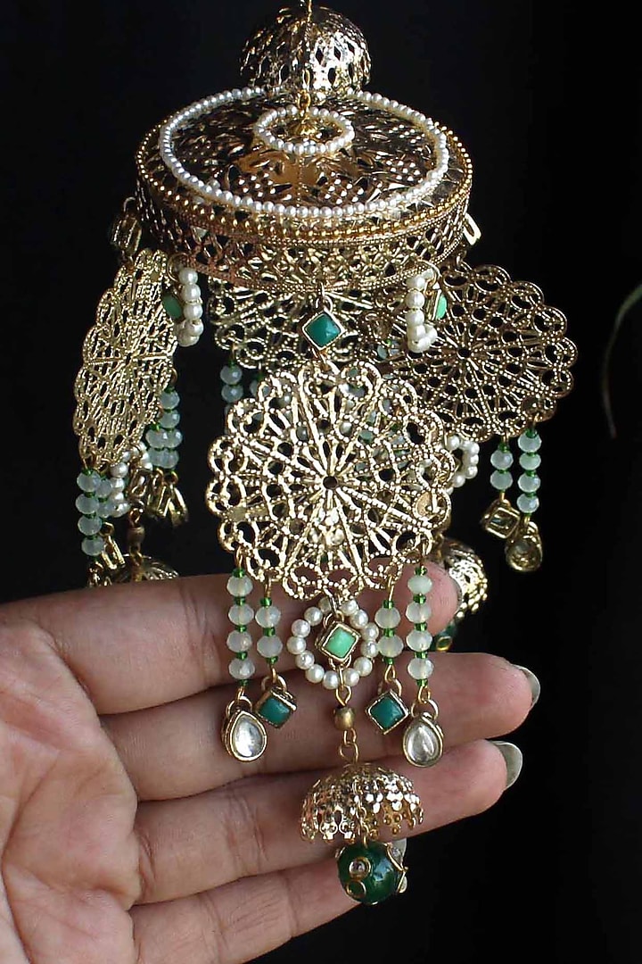 Gold Finish Green Ombre Beaded Kaleeras (Set of 2) by Beabhika at Pernia's Pop Up Shop