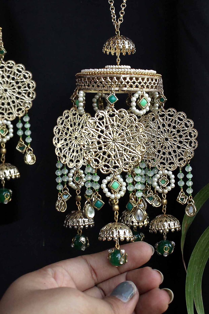 Gold Finish Green Ombre Beaded Kaleeras (Set of 2) by Beabhika at Pernia's Pop Up Shop