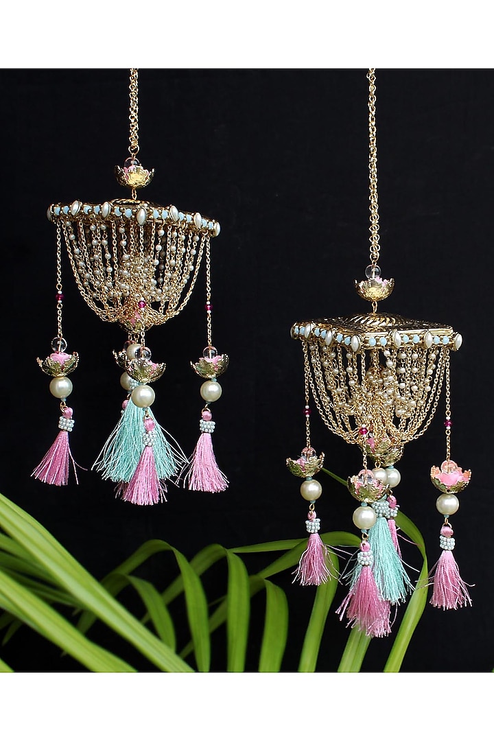 Gold Finish Kundan Polki & Beaded Kaleeras (Set of 2) by Beabhika