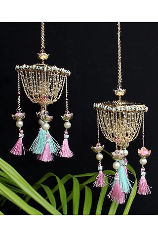 Gold Finish Kundan Polki & Beaded Kaleeras (Set of 2) by Beabhika