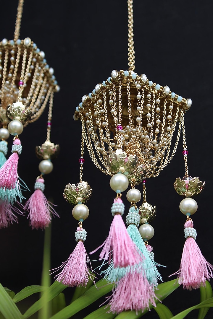 Gold Finish Kundan Polki & Beaded Kaleeras (Set of 2) by Beabhika at Pernia's Pop Up Shop