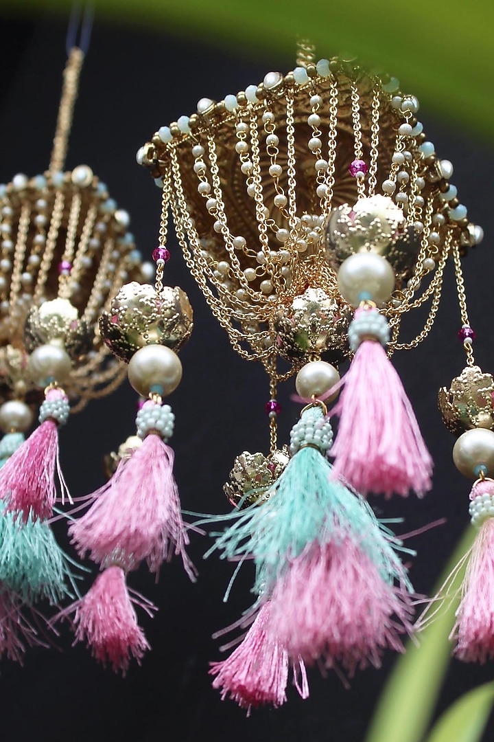 Gold Finish Kundan Polki & Beaded Kaleeras (Set of 2) by Beabhika at Pernia's Pop Up Shop