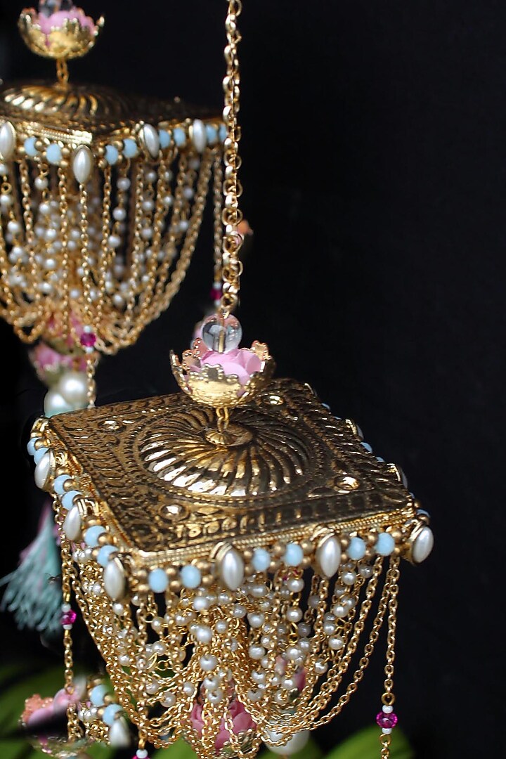Gold Finish Kundan Polki & Beaded Kaleeras (Set of 2) by Beabhika at Pernia's Pop Up Shop