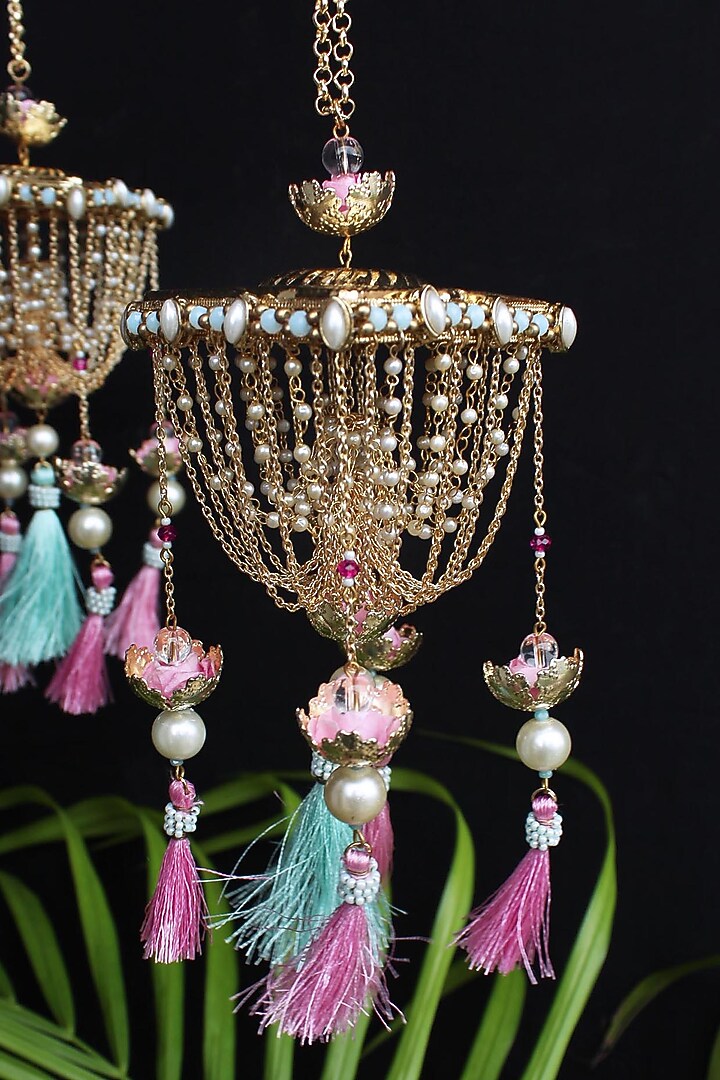 Gold Finish Kundan Polki & Beaded Kaleeras (Set of 2) by Beabhika at Pernia's Pop Up Shop