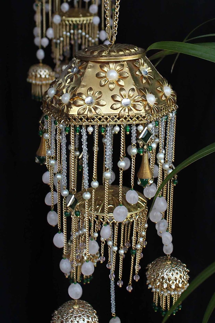 Gold Finish Kundan Polki & Pearl Kaleeras (Set of 2) by Beabhika at Pernia's Pop Up Shop