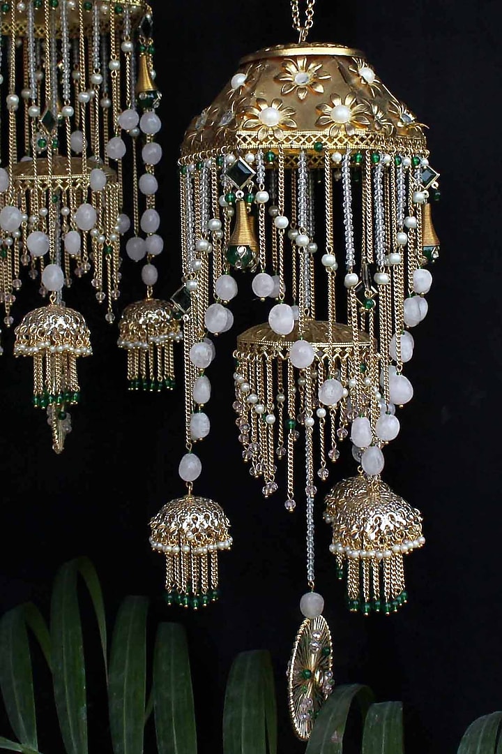 Gold Finish Kundan Polki & Pearl Kaleeras (Set of 2) by Beabhika at Pernia's Pop Up Shop