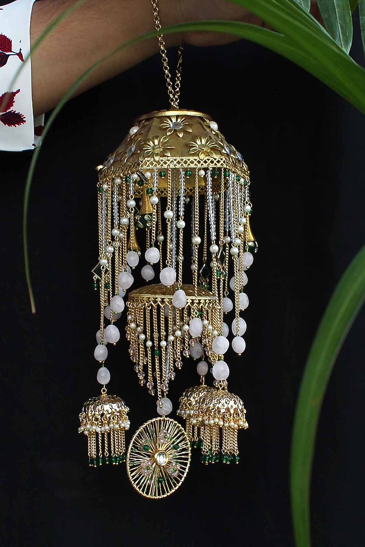 Gold Finish Kundan Polki & Pearl Kaleeras (Set of 2) by Beabhika at Pernia's Pop Up Shop