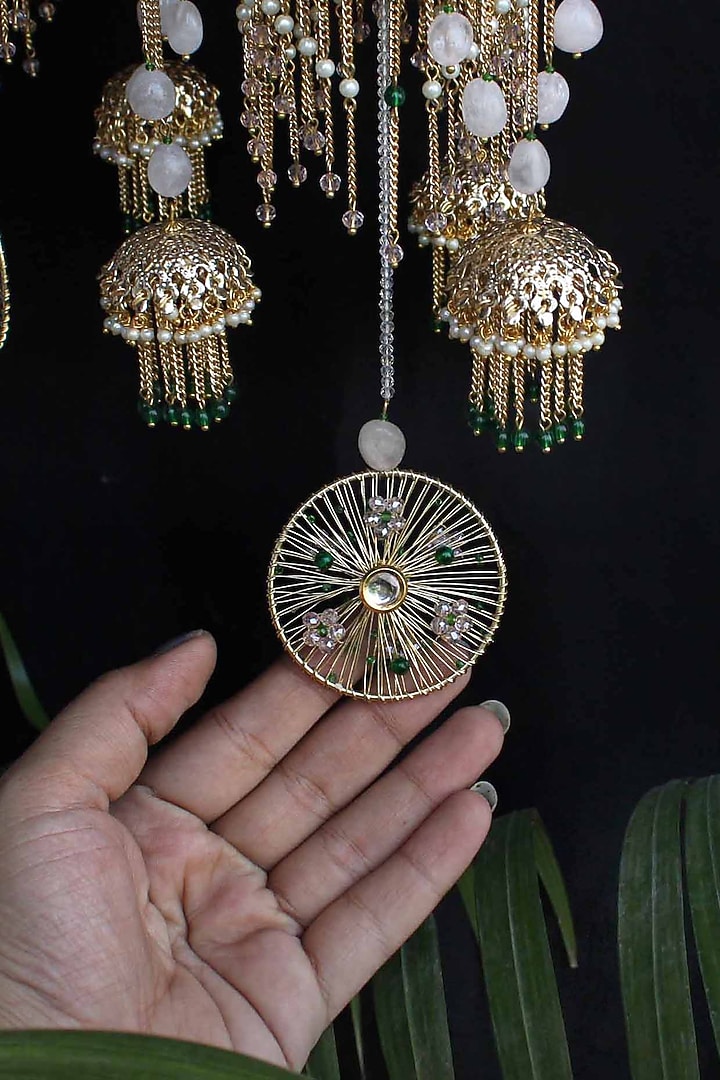 Gold Finish Kundan Polki & Pearl Kaleeras (Set of 2) by Beabhika at Pernia's Pop Up Shop