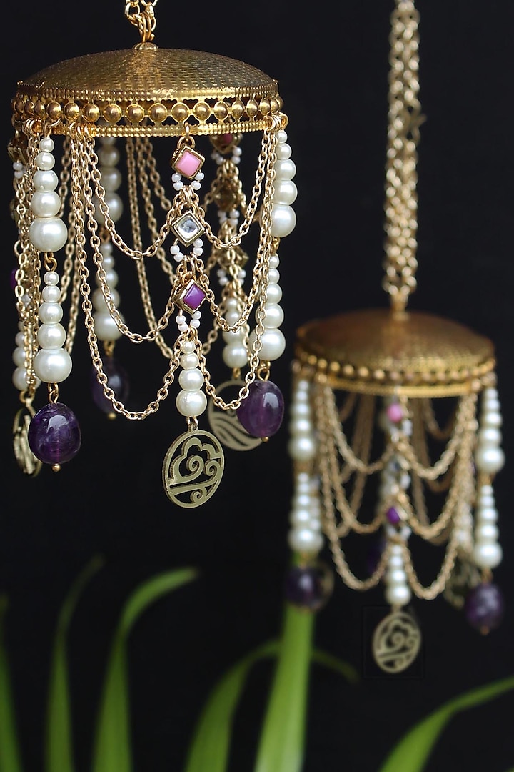 Gold Finish Pink Kundan Polki & Purple Stone Kaleeras (Set of 2) by Beabhika