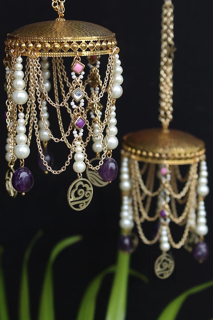 Gold Finish Pink Kundan Polki & Purple Stone Kaleeras (Set of 2) by Beabhika at Pernia's Pop Up Shop