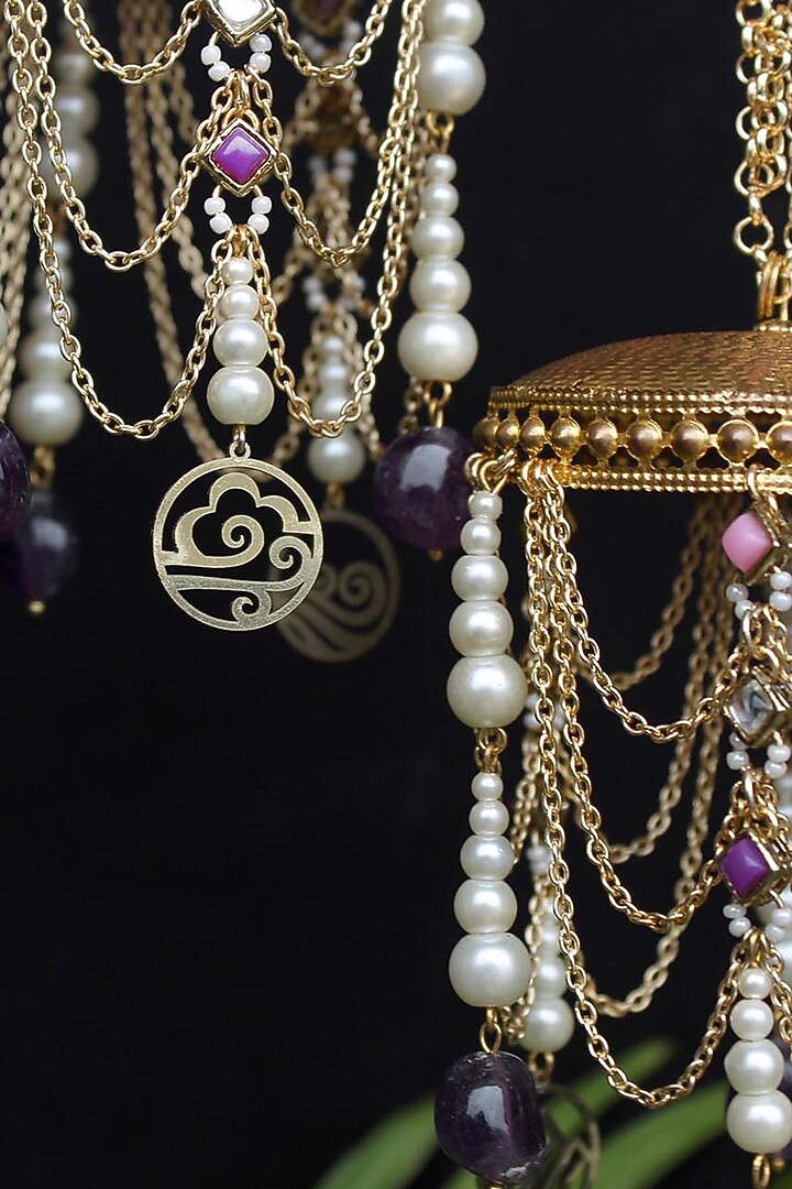 Gold Finish Pink Kundan Polki & Purple Stone Kaleeras (Set of 2) by Beabhika at Pernia's Pop Up Shop