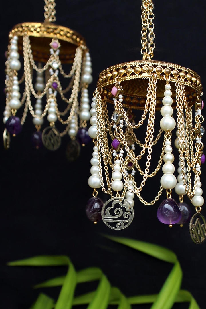 Gold Finish Pink Kundan Polki & Purple Stone Kaleeras (Set of 2) by Beabhika at Pernia's Pop Up Shop