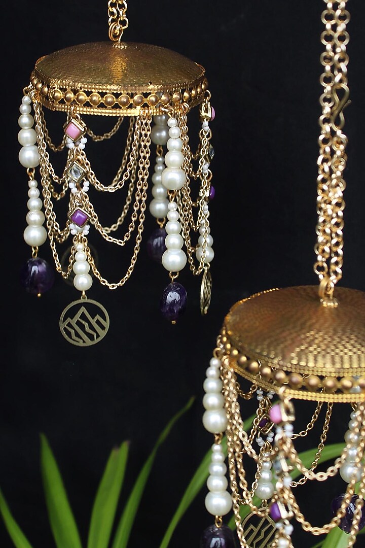 Gold Finish Pink Kundan Polki & Purple Stone Kaleeras (Set of 2) by Beabhika at Pernia's Pop Up Shop
