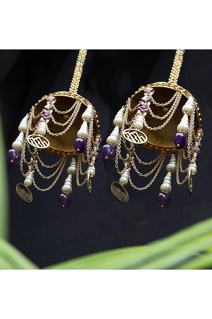 Gold Finish Pink Kundan Polki & Purple Stone Kaleeras (Set of 2) by Beabhika at Pernia's Pop Up Shop