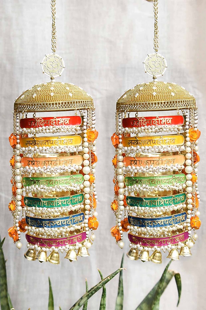 Gold Finish Pearl Beaded Meenakari Kaleeras (Set of 2) by Beabhika at Pernia's Pop Up Shop