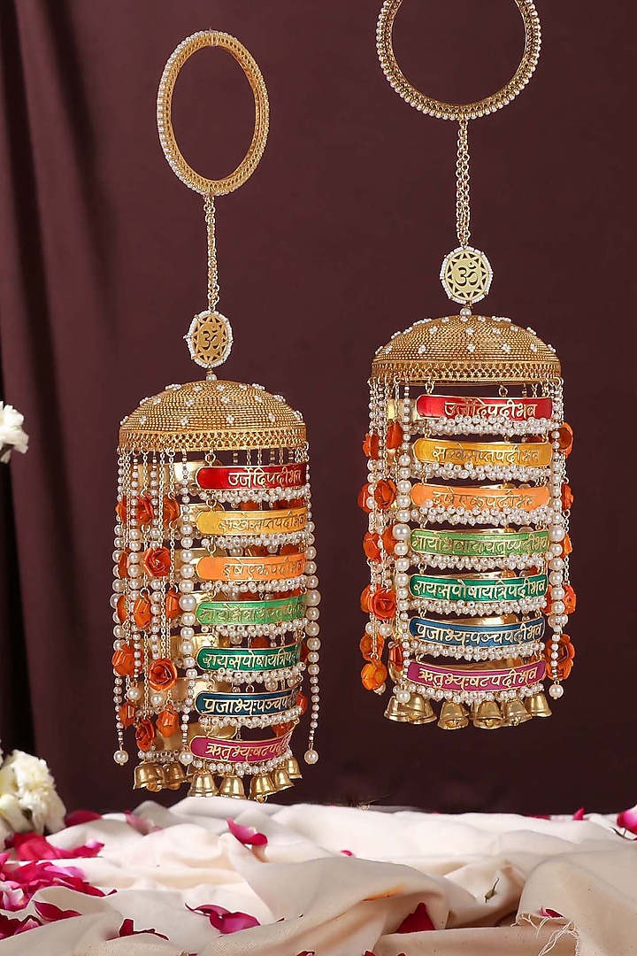 Gold Finish Pearl Beaded Meenakari Kaleeras (Set of 2) by Beabhika at Pernia's Pop Up Shop