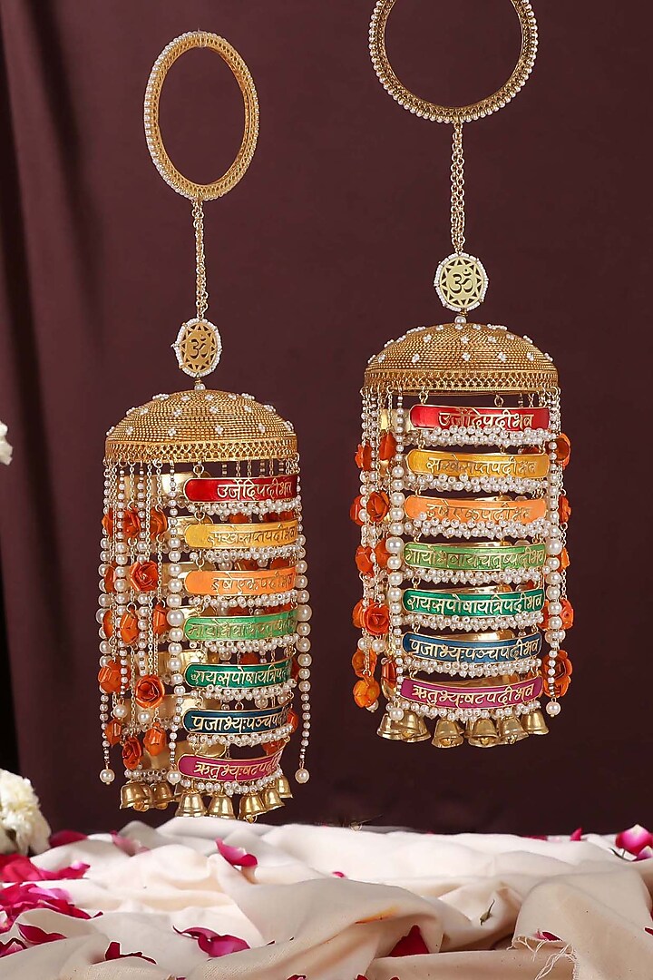 Gold Finish Pearl Beaded Meenakari Kaleeras (Set of 2) by Beabhika at Pernia's Pop Up Shop