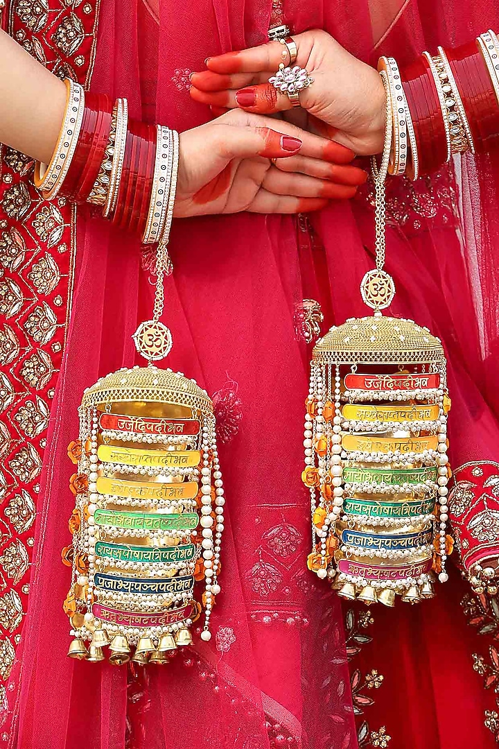 Gold Finish Pearl Beaded Meenakari Kaleeras (Set of 2) by Beabhika at Pernia's Pop Up Shop