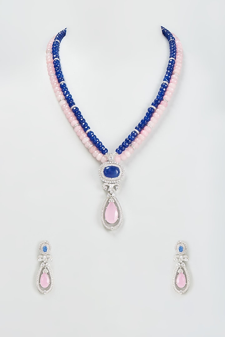 White Finish Zircon & Stone Beaded Long Necklace Set by BeautiArt at Pernia's Pop Up Shop