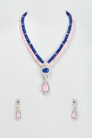 White Finish Zircon & Stone Beaded Long Necklace Set by BeautiArt