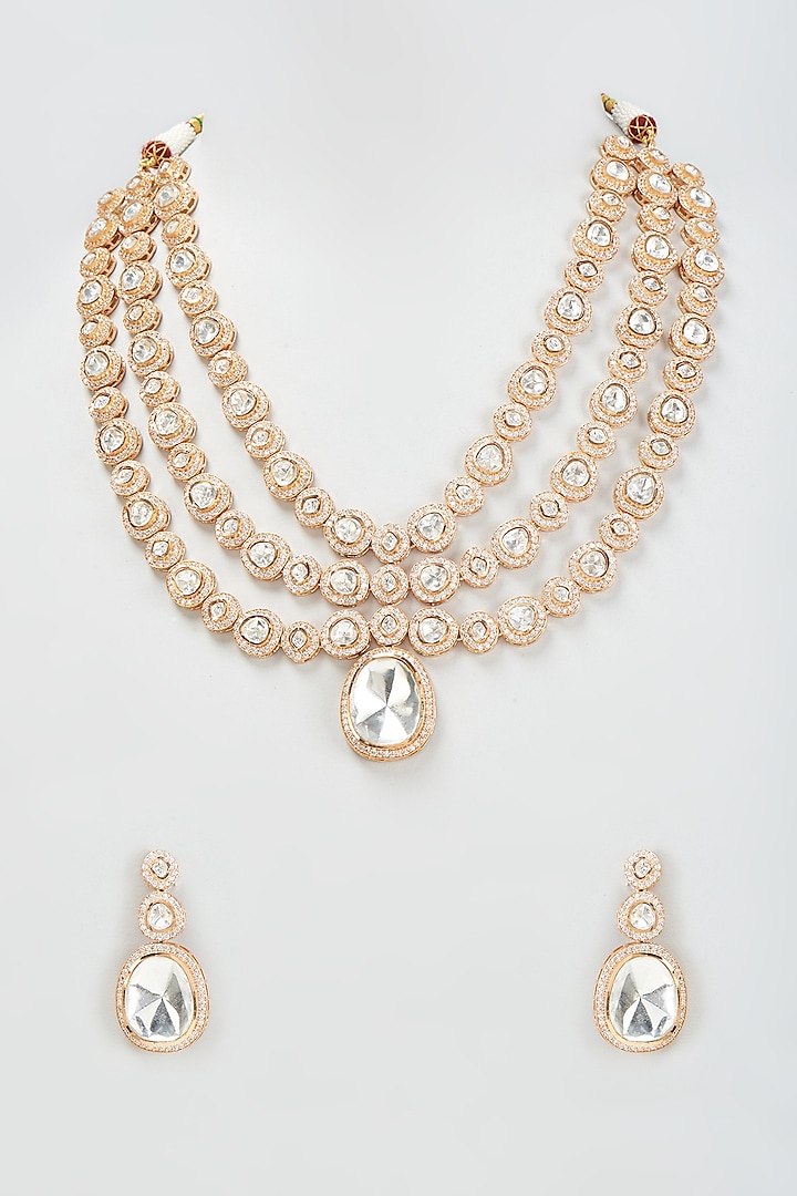 Gold Finish Kundan Polki & Zircon Layered Long Necklace Set by BeautiArt at Pernia's Pop Up Shop