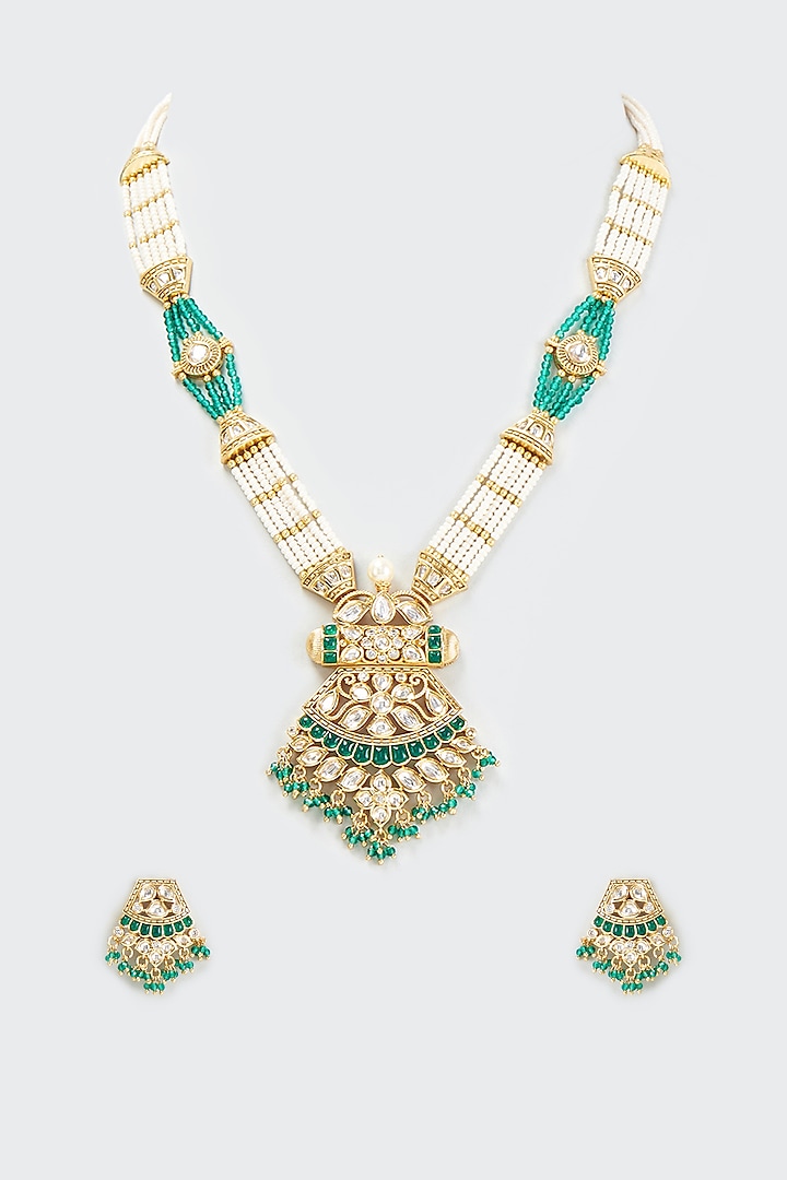 Gold Finish Kundan Polki Long Necklace Set by BeautiArt at Pernia's Pop Up Shop